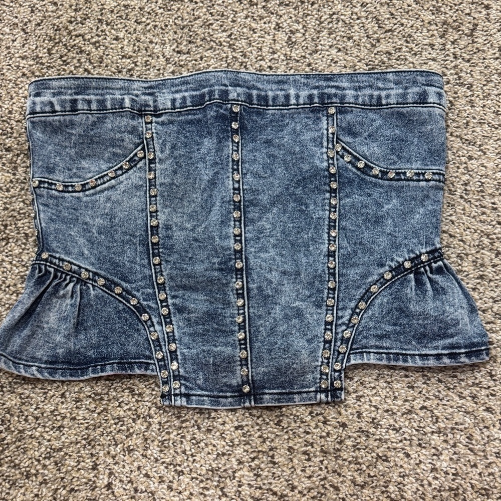 Denim Strapless Studded Corset Top - Blue - Picture 4 of 5